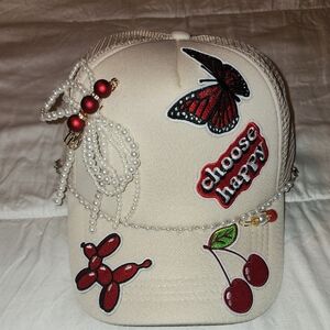 Cream Hat with Patches and Pearls